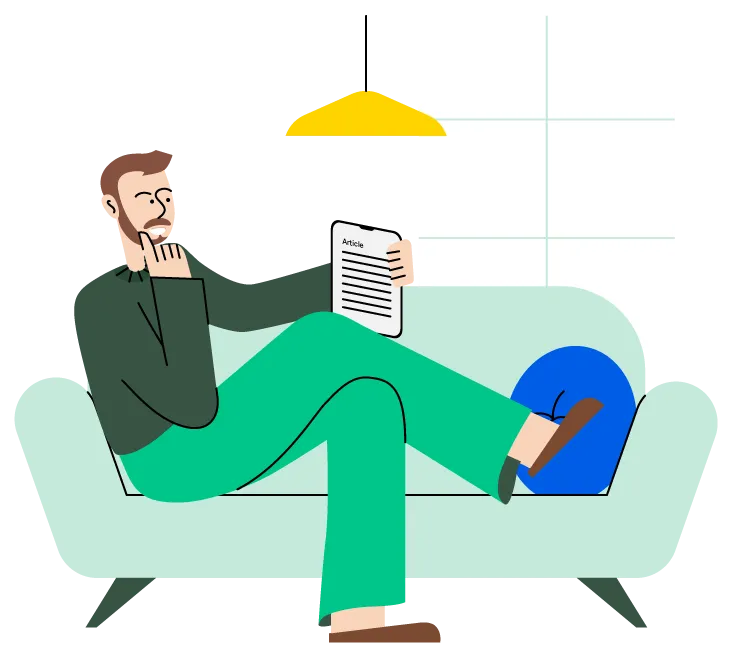 Illustration pour la page nos articles, représentant Aymeric Nijdam, directeur de copropriété lisant un article de CONSORIA syndic de copropriété à Versailles