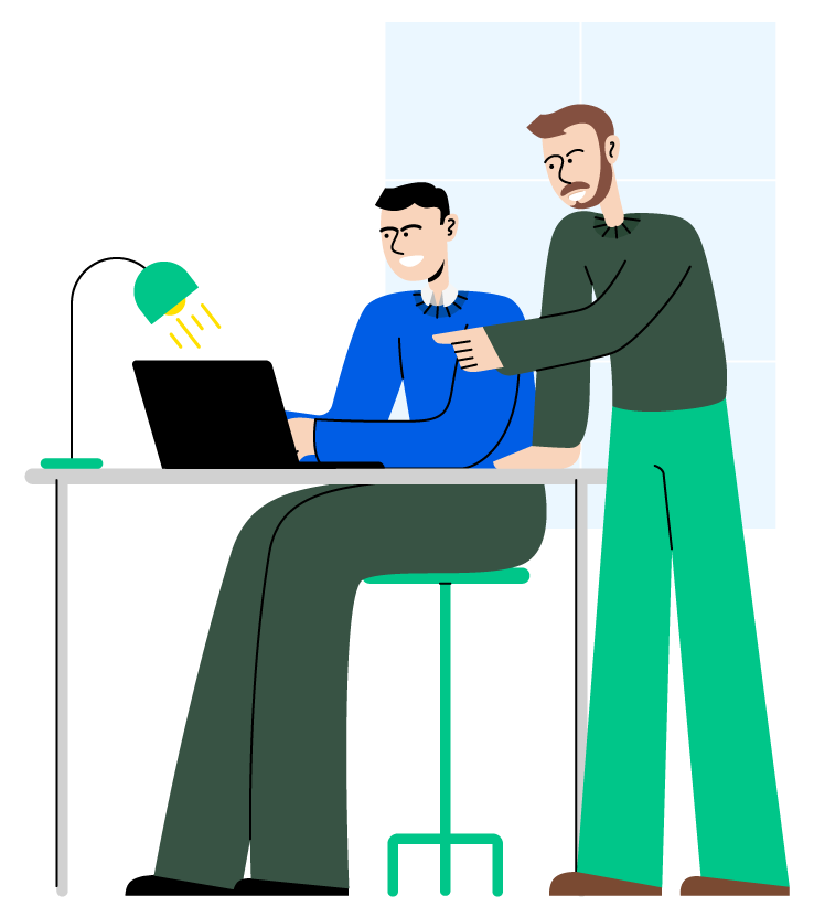 Illustration représentant les fondateurs du syndic de copropriété CONSORIA basé à Versailles en train de travailler sur la gestion de leurs copropriétés