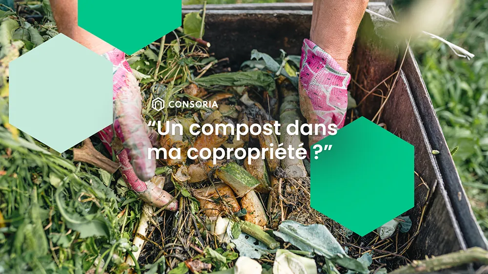 Photo des mains d'un copropriétaire remuant le compost dans le bac de compostage présent dans sa copropriété
