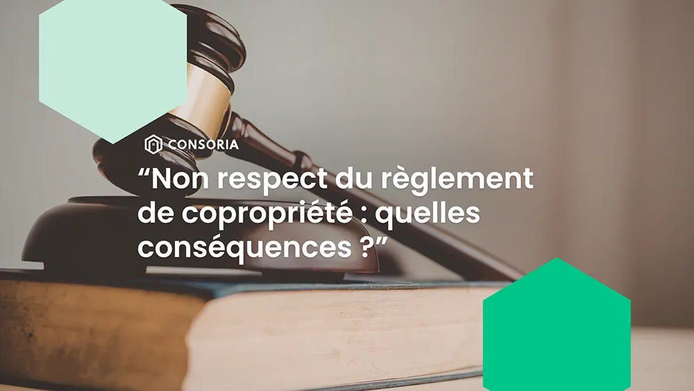 Photo d'un texte de loi et d'un marteau de juge représentant les conséquences du non-respect du règlement de copropriété